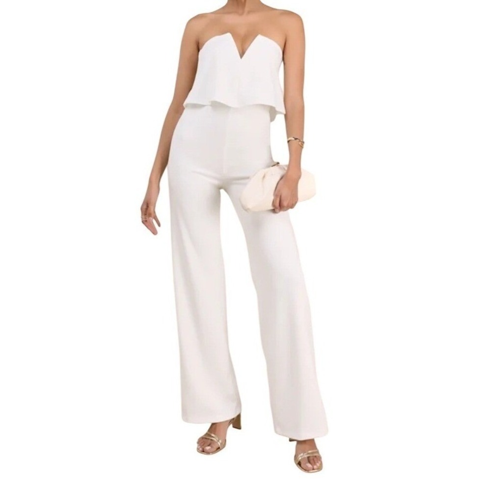 NWT Lulus Power of Love White Strapless Wide Leg Jumpsuit Size L‎ Formal Bridal